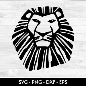 May include: A black and white graphic of a lion's head with a detailed mane. The lion's face is centered, with a stern expression. The image includes the text "SVG - PNG - DXF - EPS" at the bottom.