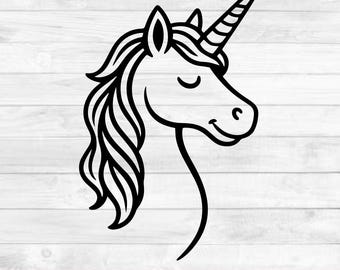 May include: Black and white line art of a unicorn head with a spiraled horn, flowing mane, and closed eyes. The image includes the text "SVG - PNG - DXF - EPS" in a red banner at the bottom. The unicorn is a popular design element.