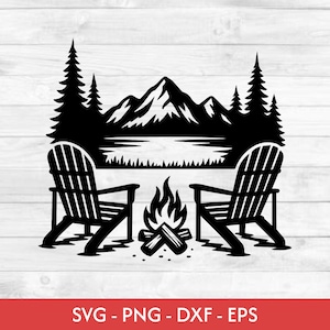 May include: Black and white illustration of a lakeside scene with two Adirondack chairs facing a campfire. Mountains, trees, and a lake are in the background. The image includes the text "SVG - PNG - DXF - EPS".