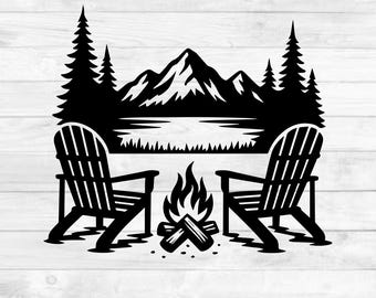 Outdoor Scene SVG, Forest Clipart DXF, Mountain Lake PNG, Campfire Chairs Cut File, Nature Digital Download