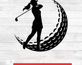 Female Golfer SVG, Golf Swing Girl Silhouette PNG DXF eps, Golf Ball Arc Cut File for Cricut & Silhouette