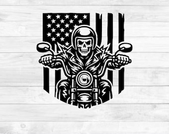 May include: Black and white graphic of a skull riding a motorcycle in front of an American flag. The skull wears a helmet and jacket. The image includes the text "SVG - PNG - DXF - EPS" at the bottom.