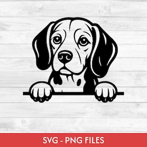 Puede incluir: Una ilustración gráfica en blanco y negro de un perro beagle con orejas grandes y caídas y ojos muy abiertos. El perro se muestra desde el pecho hacia arriba, con sus patas delanteras descansando sobre una línea horizontal, creando un efecto.