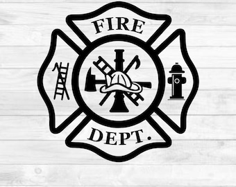 May include: Black and white firefighter emblem with the words "FIRE DEPT." The emblem features a Maltese cross design with a ladder, axe, helmet, and fire hydrant. The bottom of the image includes the text "SVG - PNG - DXF - EPS."