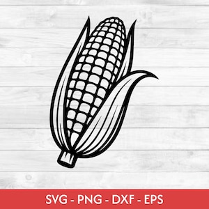 May include: Black and white line art illustration of an ear of corn with husk and kernels. The image is a vector graphic, with the text "SVG - PNG - DXF - EPS" at the bottom.
