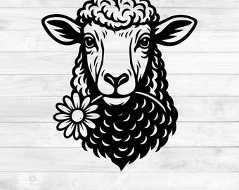 Schaf Kopf mit Gänseblümchen SVG PNG DXF, Bauernhof Tier Schablone, Cricut Clipart, Schaf Gesicht Vektor geschnitten Datei