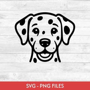 Könnte beinhalten: Eine schwarz-weiße grafische Illustration eines Dalmatiner-Hundekopfes mit großen Ohren, einer abgerundeten Schnauze und markanten kreisförmigen Flecken im Gesicht und an den Ohren. Das Design ist als klare, kräftige Strichzeichnung auf weißem Grund dargestellt.