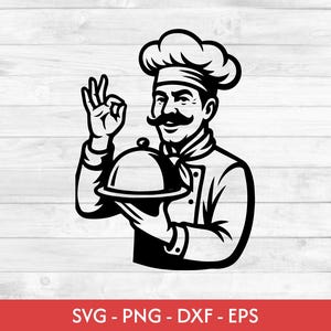 Pode incluir: Ilustração a preto e branco de um chef com chapéu e bigode, segurando uma travessa coberta e fazendo o gesto de "ok". A imagem inclui o texto "SVG - PNG - DXF - EPS".