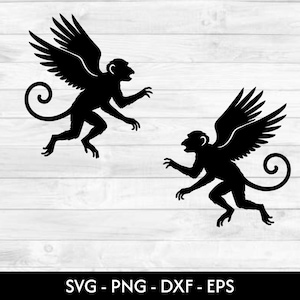 May include: Two black silhouettes of winged monkeys in a dynamic pose, set against a white wood-grain background. The monkeys have outstretched arms and curled tails. The bottom of the image displays the text "SVG - PNG - DXF - EPS".
