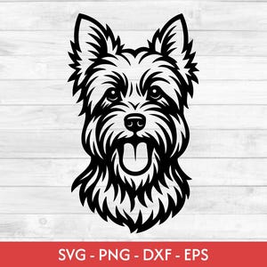 May include: Black and white graphic of a dog's face with its tongue sticking out. The dog has a fluffy face and ears. The image includes the text "SVG - PNG - DXF - EPS" in a red banner at the bottom.