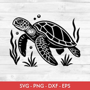 May include: Black and white illustration of a sea turtle swimming underwater, surrounded by seaweed and bubbles. The turtle has a detailed shell pattern. The image includes the text "SVG - PNG - DXF - EPS" in a red banner.