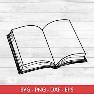 Könnte beinhalten: Eine Schwarz-Weiß-Strichzeichnung eines offenen Buches. Die Seiten des Buches sind leer und der Buchrücken ist sichtbar. Das Bild enthält den Text "SVG - PNG - DXF - EPS" in einem roten Banner unten.