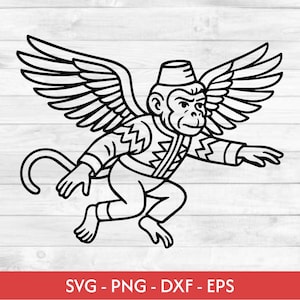 Puede incluir: Ilustración en blanco y negro de un mono alado con fez y atuendo decorativo. El mono está en posición de vuelo con los brazos extendidos y alas detalladas. El texto "SVG - PNG - DXF - EPS" está en la parte inferior.
