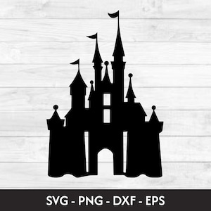Könnte beinhalten: Schwarze Silhouette eines Schlosses mit mehreren Türmen, Flaggen und einem zentralen Bogeneingang. Das Schlossdesign befindet sich vor einem weißen Holzmaserungshintergrund. Der untere Teil des Bildes enthält den Text: SVG - PNG - DXF - EPS.