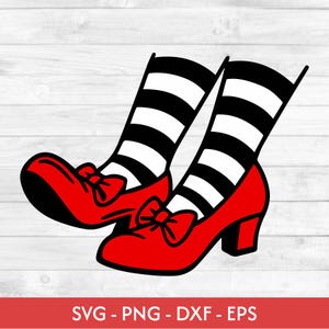 May include: Illustration of red shoes with bows and black and white striped socks. The shoes have a small heel. The image includes the text "SVG - PNG - DXF - EPS".