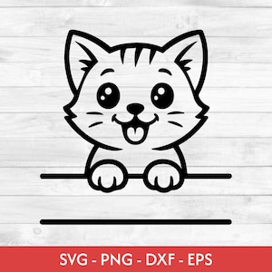 Op de afbeelding: Zwart-wit cartoon kat illustratie met grote ogen en een lachende uitdrukking. De kat houdt een horizontale lijn vast, met een andere lijn eronder. De afbeelding bevat de tekst "SVG - PNG - DXF - EPS".