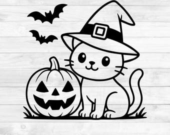 Witch Cat Svg, Halloween Cat Svg, Pumpkin Cat Svg, Halloween Svg, Cute Cat Svg, Witch Hat Svg, Bat Svg, Cut File