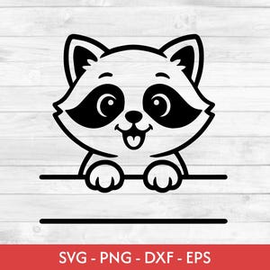 Puede incluir: Un diseño de mapache de dibujos animados en blanco y negro con una cara sonriente, sosteniendo una línea horizontal. La imagen incluye el texto "SVG - PNG - DXF - EPS" en una pancarta roja en la parte inferior. El mapache tiene antifaces y orejas negras.