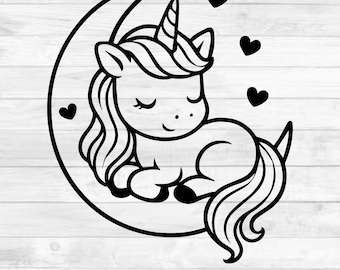 May include: Black and white illustration of a sleeping unicorn on a crescent moon, with three small hearts. The unicorn has a flowing mane and tail. The image includes the text "SVG - PNG - DXF - EPS".