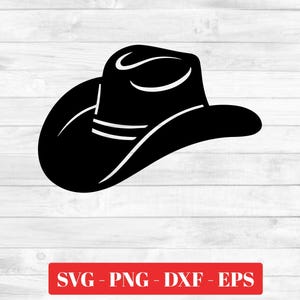以下が含まれることがあります： つばの広い、くぼんだクラウンが特徴の黒いカウボーイハットのシルエット。帽子にはクラウンの周りに2本の白いストライプがあります。画像は白い木目調の背景に設定されています。帽子の下には、赤い長方形で「SVG - PNG - DXF - EPS」というテキストがあります。