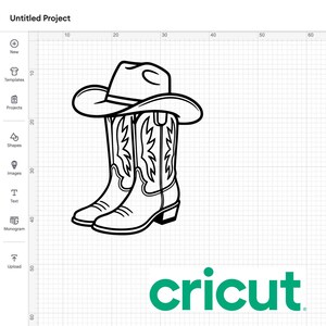 May include: Black and white line art of a cowboy hat resting on top of a pair of cowboy boots. The boots have decorative stitching. The word "cricut" is in green at the bottom of the image.