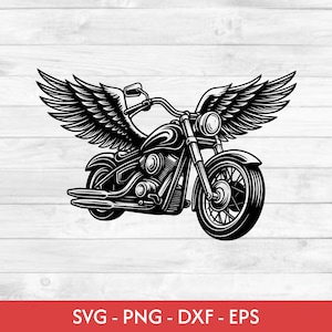 Peut inclure: Illustration en noir et blanc d'une moto avec de grandes ailes déployées. La moto présente un design classique avec un phare rond et un guidon incurvé. Le texte "SVG - PNG - DXF - EPS" est inclus.