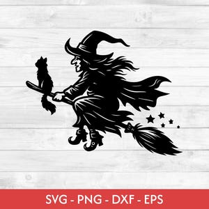 May include: Black silhouette of a witch riding a broomstick with a black cat. The witch wears a pointed hat and flowing robes. Stars trail behind the broom. The image includes the text "SVG - PNG - DXF - EPS".