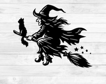 Witch on Broom SVG Cut File for Cricut, Flying Witch Svg, Wicked Witch Broomstick, Halloween Svg, Flying Witch Silhouette Instant Download