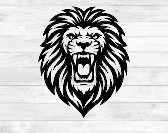 May include: A black and white illustration of a roaring lion's head. The lion has a full mane and an open mouth, displaying its teeth. The image includes the text "SVG - PNG - DXF - EPS" in a red banner at the bottom.