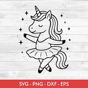 Op de afbeelding: Zwart-wit illustratie van een eenhoorn in een balletpose, met een tutu en balletschoenen. De eenhoorn heeft een hoorn, een vloeiende manen en is omringd door sterren. De tekst onderaan de afbeelding luidt: SVG - PNG - DXF - EPS.