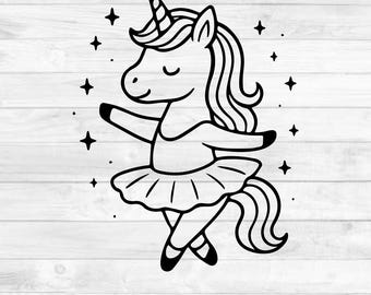 May include: Black and white illustration of a unicorn in a ballet pose, wearing a tutu and ballet shoes. The unicorn has a horn, flowing mane, and is surrounded by star shapes. The bottom of the image includes the text: SVG - PNG - DXF - EPS.