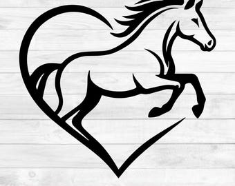May include: Black silhouette of a horse leaping inside a heart shape. The horse has a flowing mane and tail. The image includes the text "SVG - PNG - DXF - EPS" in white on a red banner at the bottom.