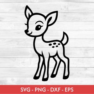 Puede incluir: Ilustración en blanco y negro de un ciervo de dibujos animados sonriente, con manchas en la espalda. El ciervo está de pie sobre cuatro patas. El texto "SVG - PNG - DXF - EPS" está en la parte inferior.