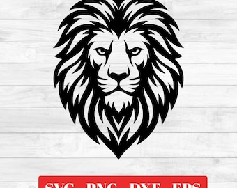May include: A black and white lion head design with a detailed mane and facial features. The image includes the text "SVG - PNG - DXF - EPS" in a red rectangle at the bottom. The lion is centered against a white wood grain background.