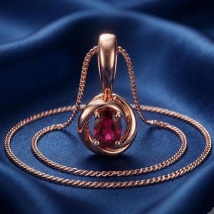 May include: A rose gold pendant necklace featuring a central oval-cut deep red gemstone held within a swirling, circular metal frame. The pendant is suspended from a delicate rose gold chain that loops around the base of the setting.