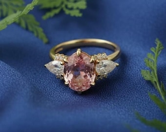 Pink Sapphire & Diamond Anniversary Ring, 14K Yellow Gold Plated 925 Sterling Silver, Elegant Promise Band, Luxury Jewelry Gift