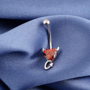 Red Garnet Devil Design Belly Ring, Heart Shape Diamond Belly Ring, Women Body Jewelry, 14k Solid Gold Navel Piercing Belly, Gift For Her