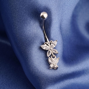 Butterfly Gold Belly Button Ring, 14k Solid Gold Diamond Belly Ring, Navel Piercing Jewelry, Dainty Belly Bar For Girls, Women Body Jewelry