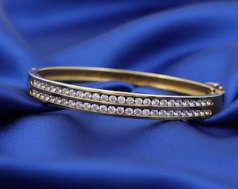 Diamond Bangle Bracelet, 14K Yellow Gold Plated 925 Sterling Silver, Handmade Luxury Jewelry, Elegant Gift for Women