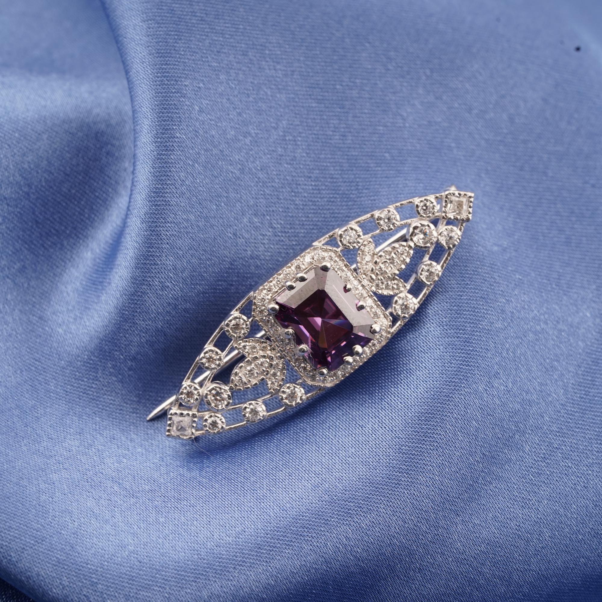 Art Deco Amethyst & Diamond Brooch Pin, 14K White Gold Plated, 925 Sterling Silver Vintage Jewelry, February Birthstone Gift