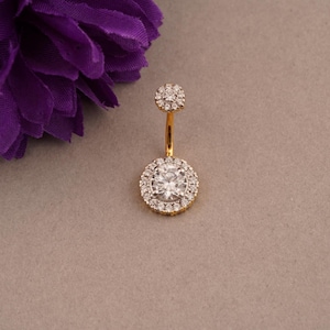 Gold Flower Navel Belly Button Ring, Round Shape Diamond Belly Ring, Women&#39;s Body Belly Ring, 14k Two Tone Gold Plated Belly, Gift For Her