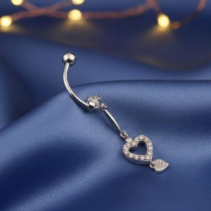 Moissanite Heart Drop Shape Belly Button Ring, Round Diamond Womens Body Jewelry, 14k/10k Solid Gold Belly Ring, Navel Piercing Belly Ring