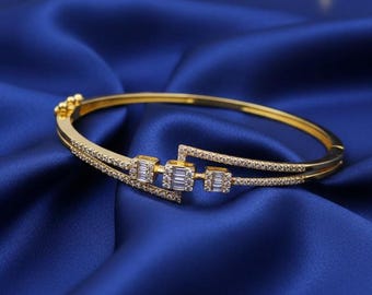 Majestic Glowing Diamond Bangle Bracelet, 14K Gold Plated 925 Sterling Silver, Handmade Luxury Jewelry Gift for Her
