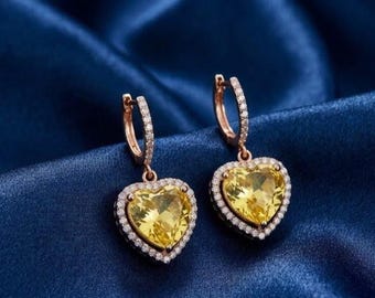 Heart Shape Citrine & Diamond Drop Earrings 14k Gold Plated  925 Sterling Silver Romantic Gift
