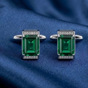 3Ct Lab-Created Green Emerald Mens Wedding Cufflinks, 14k White Gold Plated, 925 Sterling Silver Cufflinks, Anniversary Gift For Him