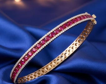 Red Ruby & Diamond Everyday Bangle, 14K Yellow Gold Plated 925 Sterling Silver, Handmade Luxury Jewelry Gift for Her