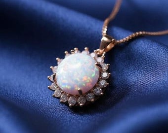 Round Fire Opal Halo Pendant, 14K Rose Gold Plated , 925 sterling silver