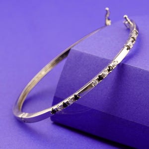 Womens Diamond Bangle, Black/Round Moissanite Bangle, 14k White Gold Plated Bangle Bracelet, 925 Sterling Silver Girls Bangle, Gift For Wife