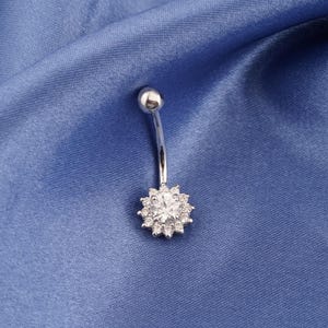 14k Solid Gold Women Body Jewelry, Floral Design Belly Button Ring, Navel Piercing Belly Ring For Girl, Handmade Round Moissanite Belly Ring