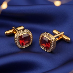 Red Ruby Gemstone Cufflinks: 14k Gold Plated Handmade Men's Jewelry